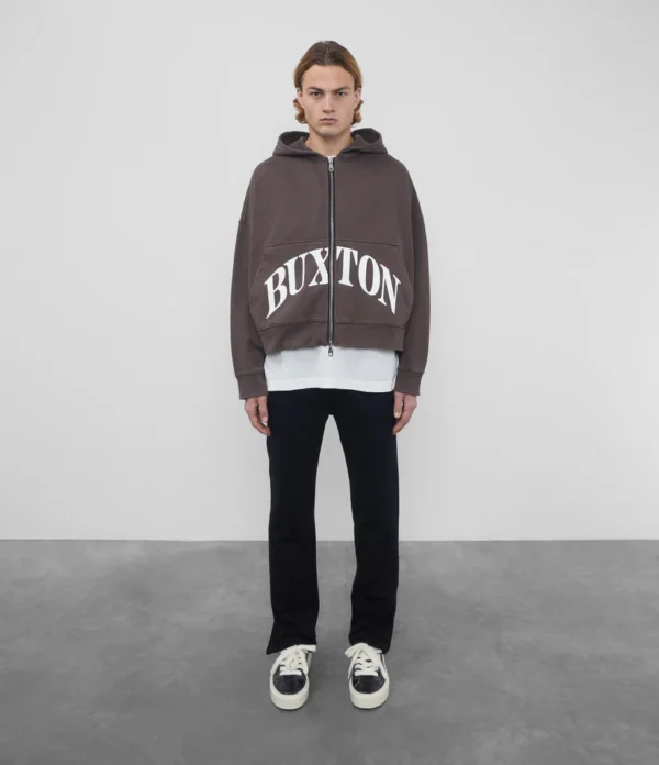 HEAVYWEIGHT CROPPED LOGO ZIP BROWN HOODIE